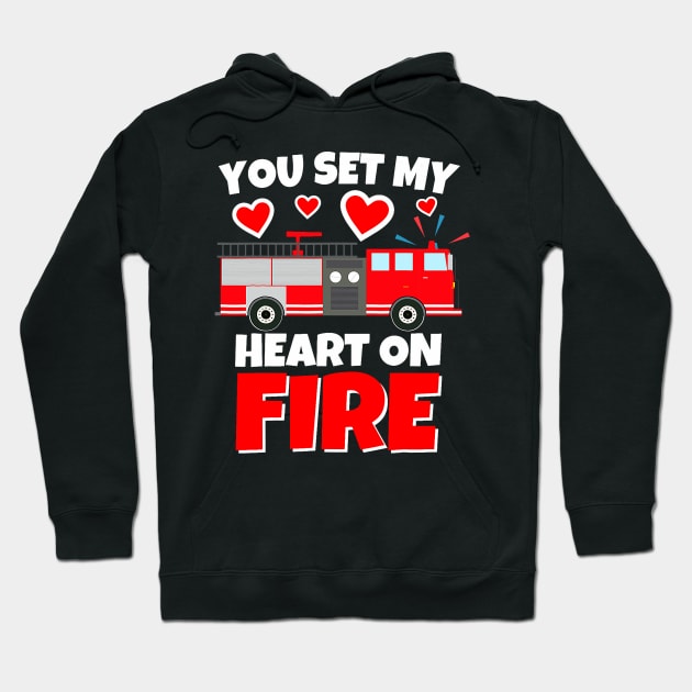 Boys Valentines Day Firetruck You Set My Heart On Fire Hoodie by jadolomadolo